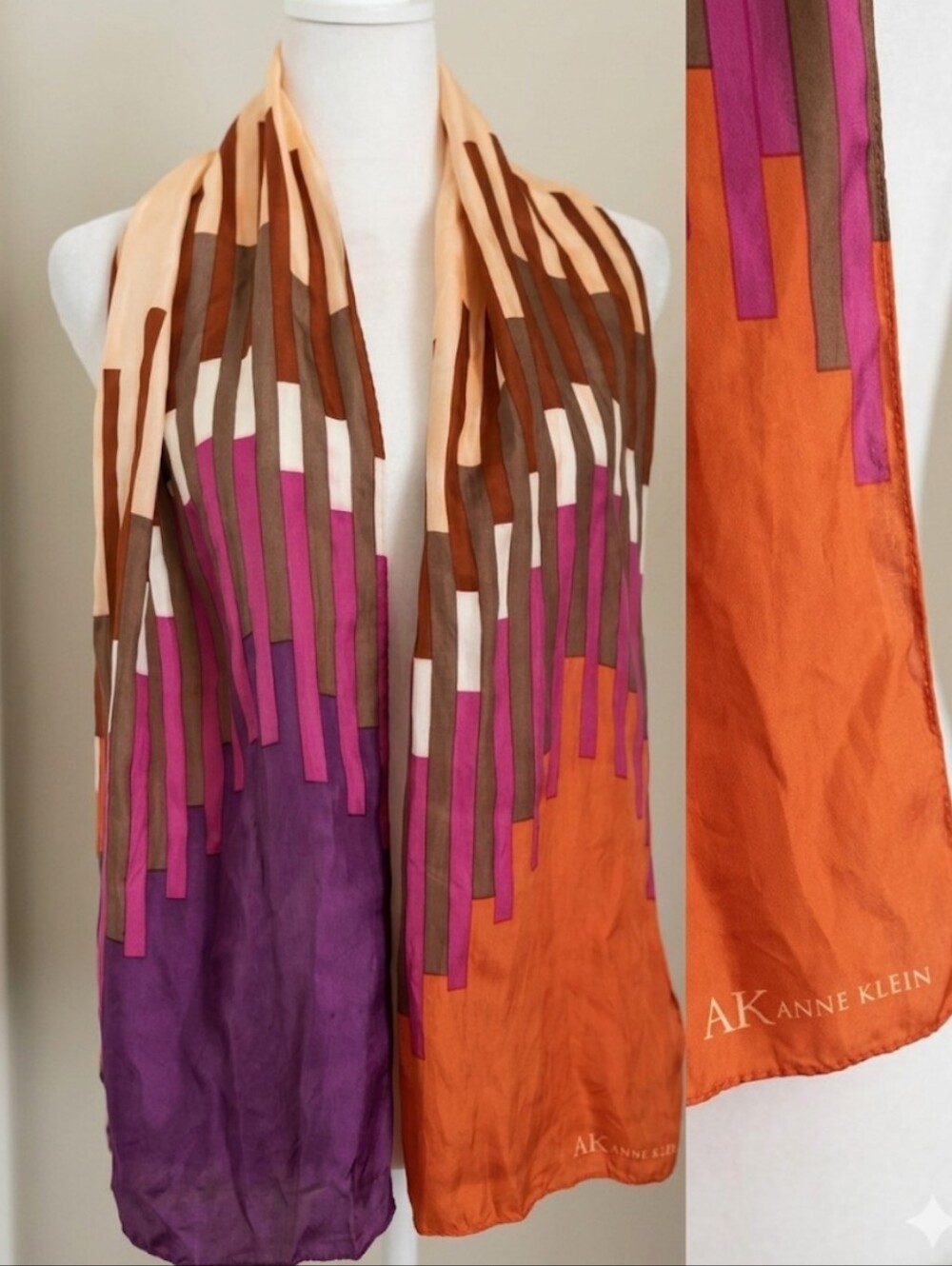 Anne Klein 100% Silk Scarf Vintage Abstract Geometric Stripes Purple Orange